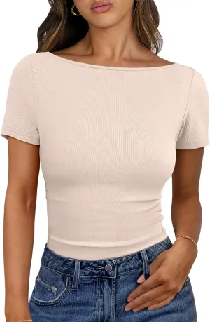 ANRABESS Women Boat Neck Tops Short Sleeve T-Shirts Ribbed Knit Tight Fitted Basic Tees Shirts 2025 Summer Clothes