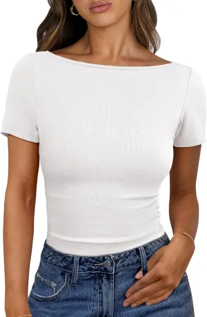 ANRABESS Women Boat Neck Tops Short Sleeve T-Shirts Ribbed Knit Tight Fitted Basic Tees Shirts 2025 Summer Clothes