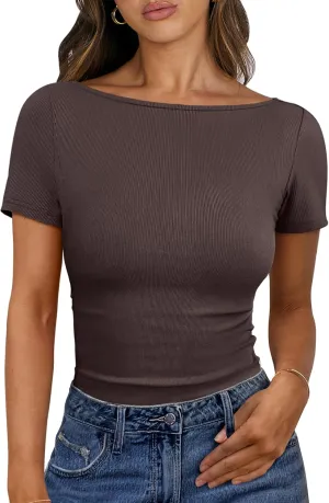 ANRABESS Women Boat Neck Tops Short Sleeve T-Shirts Ribbed Knit Tight Fitted Basic Tees Shirts 2025 Summer Clothes