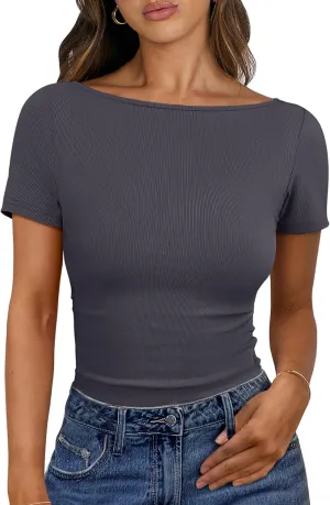 ANRABESS Women Boat Neck Tops Short Sleeve T-Shirts Ribbed Knit Tight Fitted Basic Tees Shirts 2025 Summer Clothes