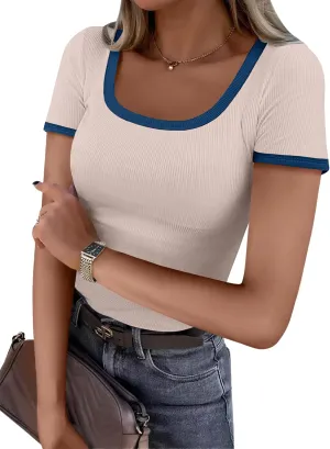 ANRABESS Women Short Sleeve Tops Square Neck Ribbed Knit Color Block T Shirts Fitted Casual Summer 2025 Trendy Basic Tees