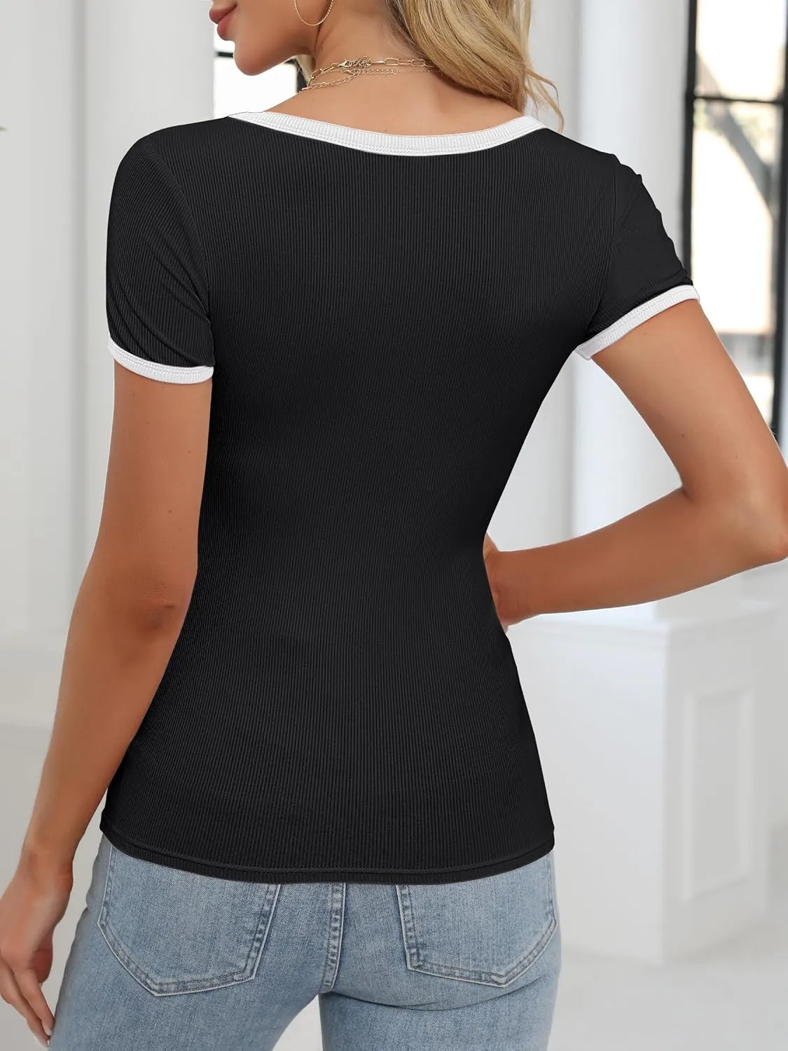 ANRABESS Women Short Sleeve Tops Square Neck Ribbed Knit Color Block T Shirts Fitted Casual Summer 2025 Trendy Basic Tees