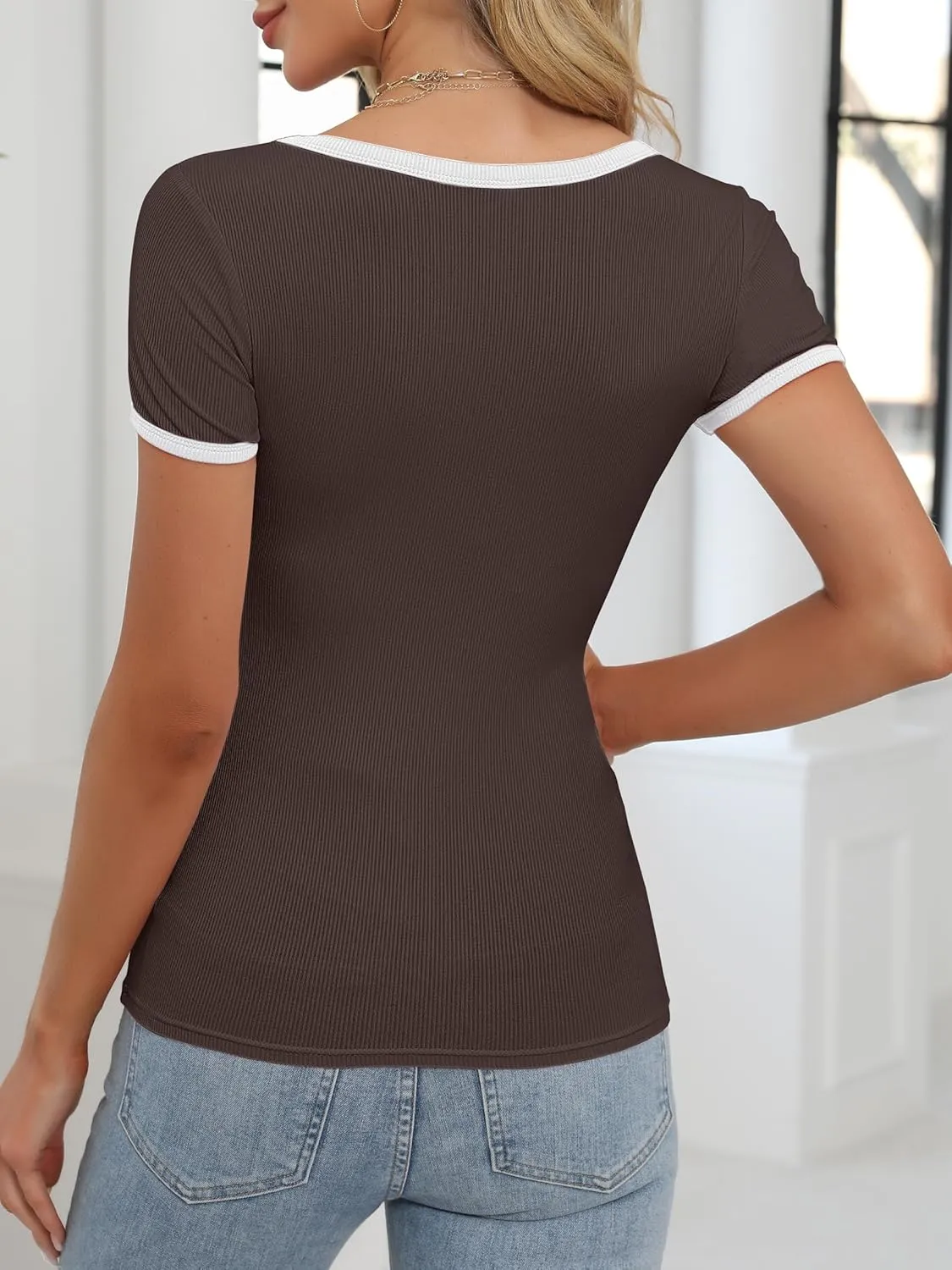 ANRABESS Women Short Sleeve Tops Square Neck Ribbed Knit Color Block T Shirts Fitted Casual Summer 2025 Trendy Basic Tees