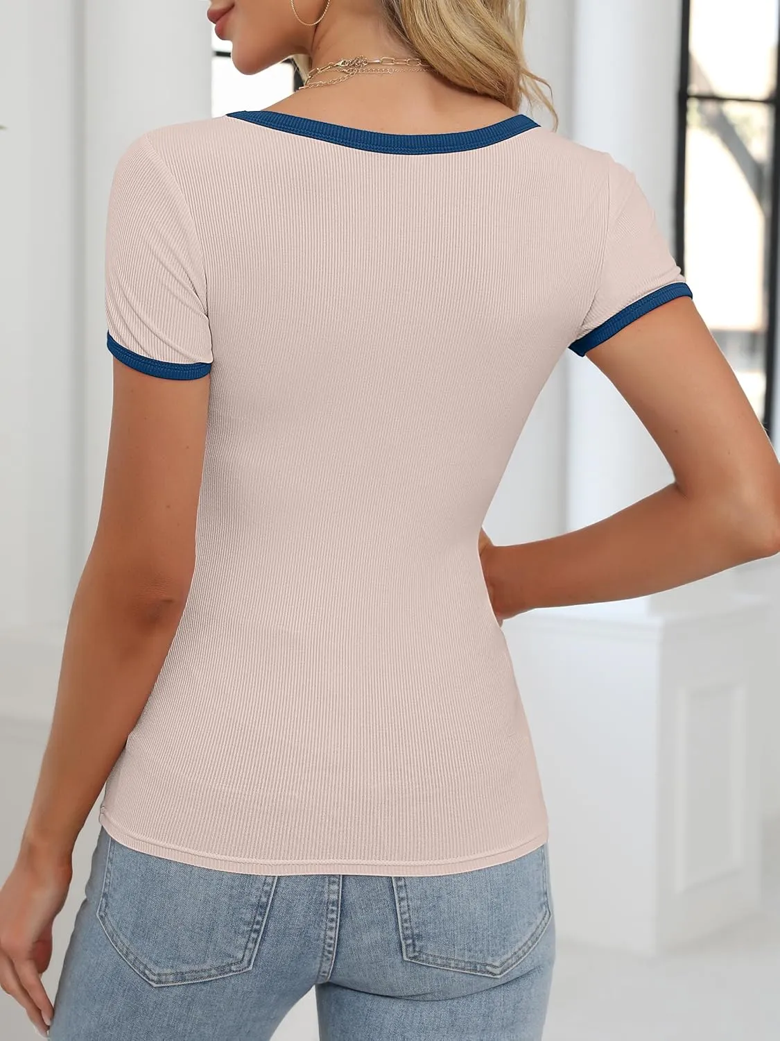 ANRABESS Women Short Sleeve Tops Square Neck Ribbed Knit Color Block T Shirts Fitted Casual Summer 2025 Trendy Basic Tees