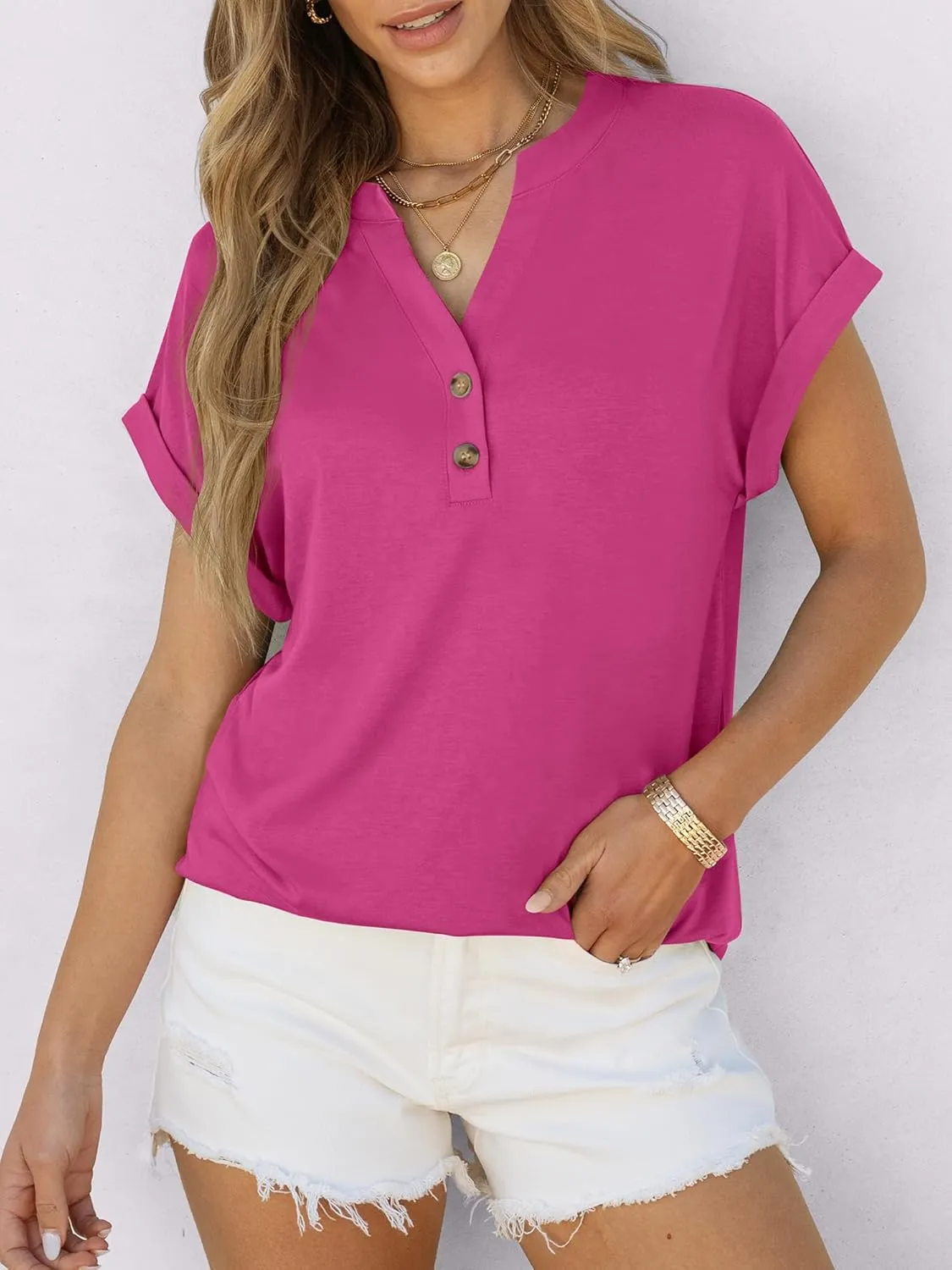 ANRABESS Womens Short Sleeve Henley Tops V Neck Dressy Casual Loose Fit Shirts Summer Flowy Blouses 2025 Trendy Clothes