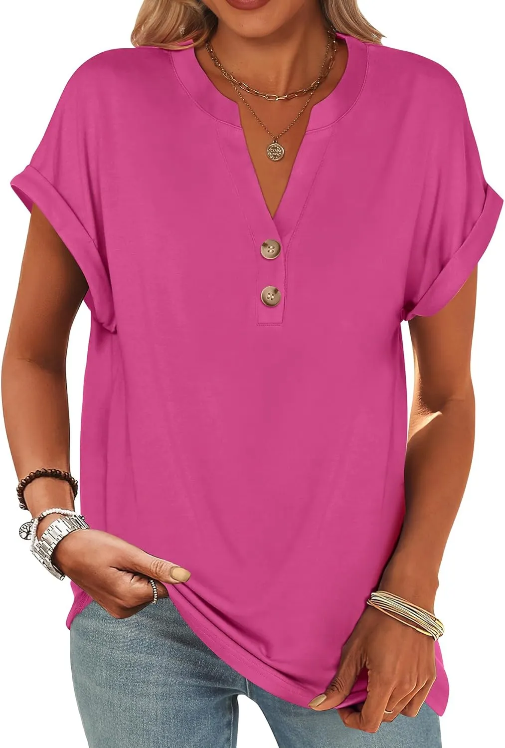 ANRABESS Womens Short Sleeve Henley Tops V Neck Dressy Casual Loose Fit Shirts Summer Flowy Blouses 2025 Trendy Clothes
