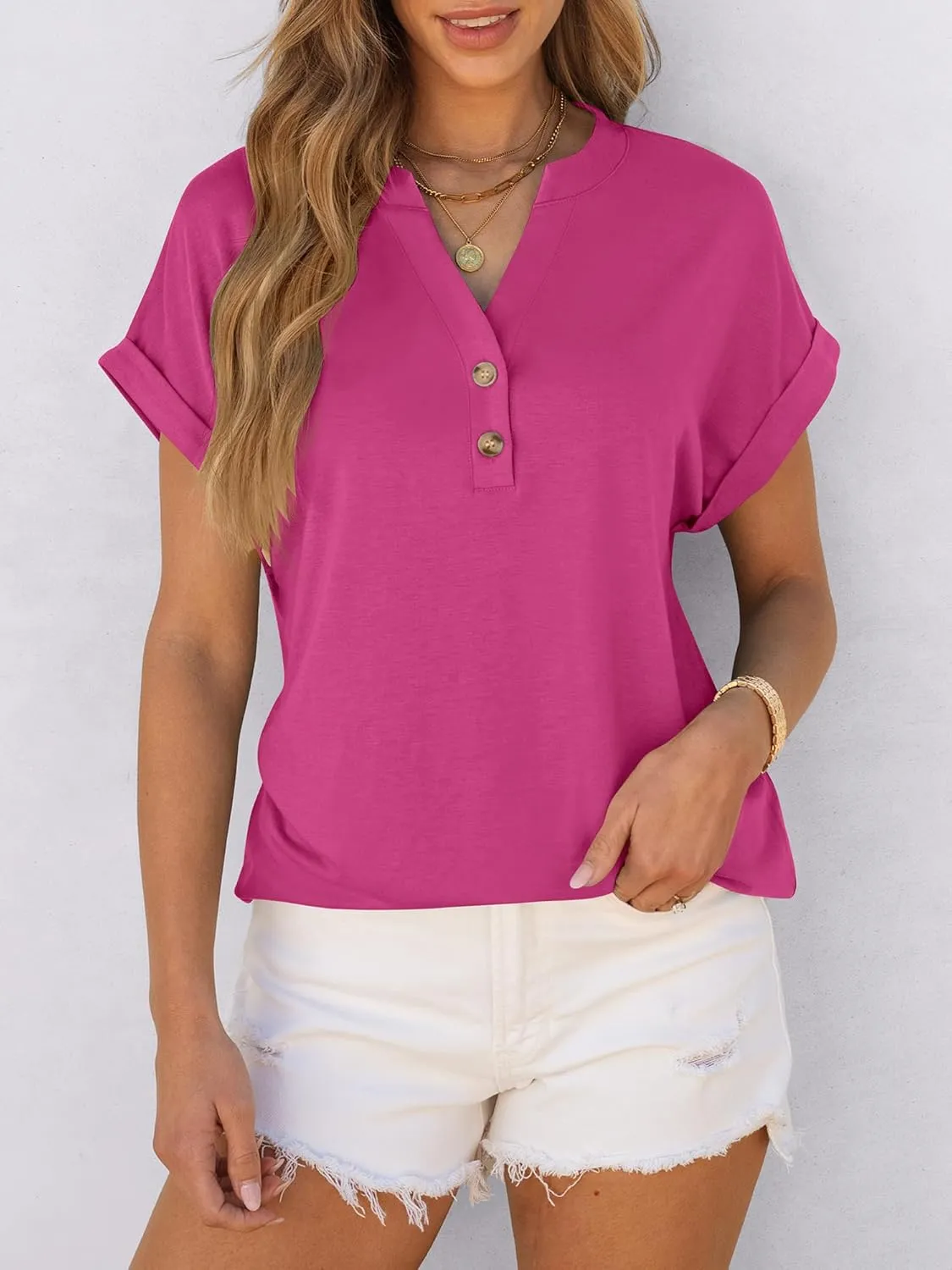 ANRABESS Womens Short Sleeve Henley Tops V Neck Dressy Casual Loose Fit Shirts Summer Flowy Blouses 2025 Trendy Clothes