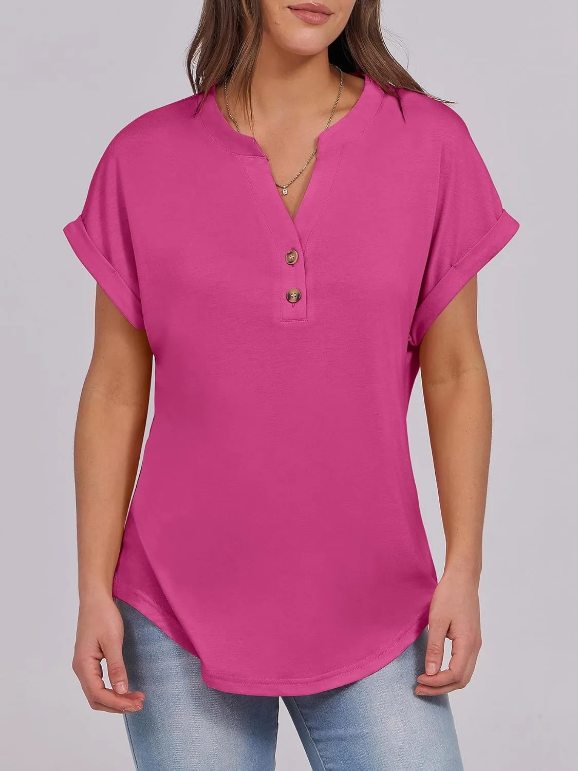 ANRABESS Womens Short Sleeve Henley Tops V Neck Dressy Casual Loose Fit Shirts Summer Flowy Blouses 2025 Trendy Clothes
