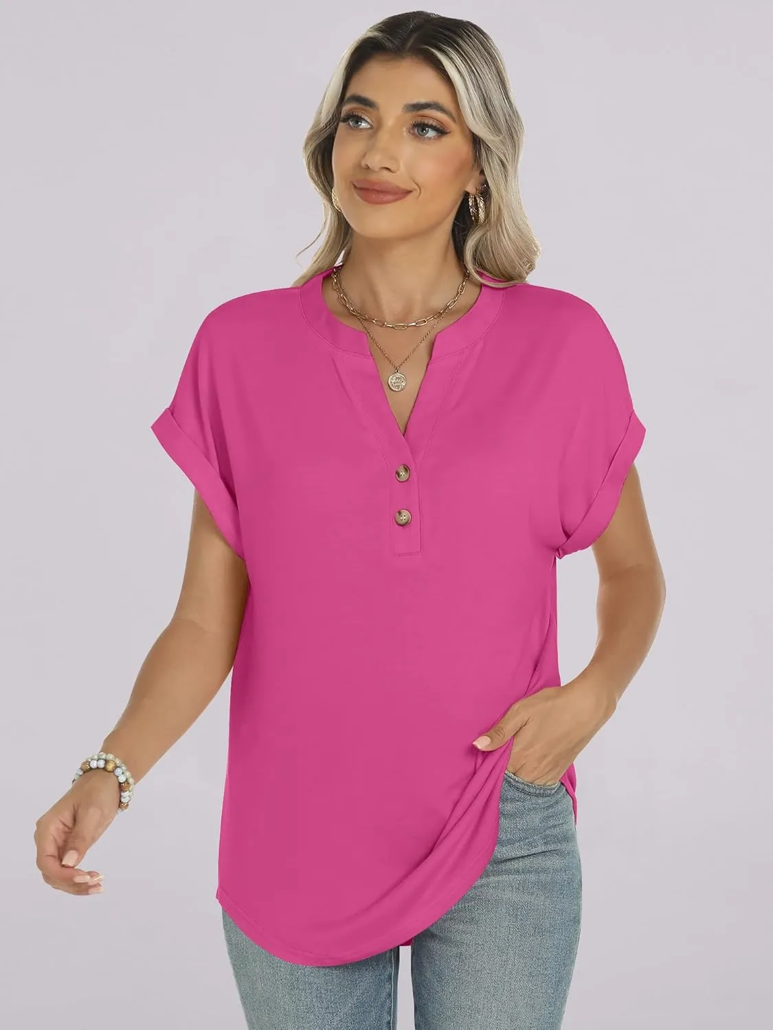 ANRABESS Womens Short Sleeve Henley Tops V Neck Dressy Casual Loose Fit Shirts Summer Flowy Blouses 2025 Trendy Clothes
