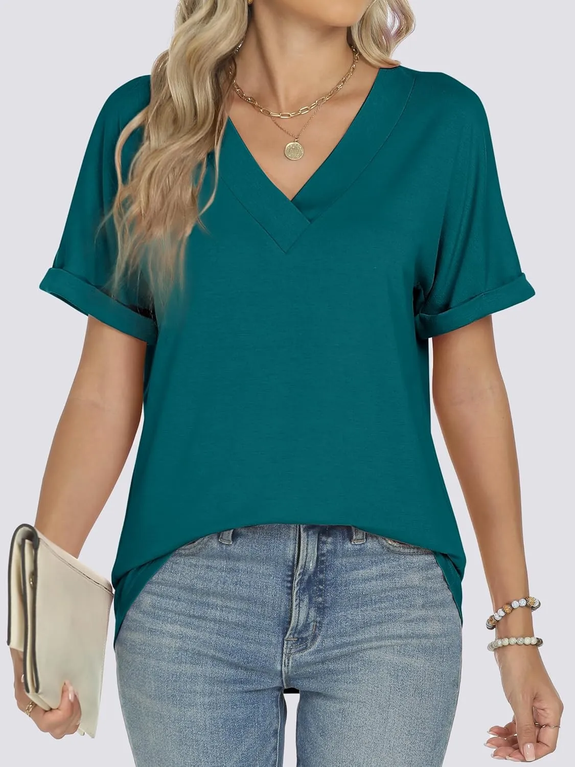 ANRABESS Womens T Shirts Short Sleeve V Neck Shirts Summer Loose Fit Dressy Tops Business Casual Blouses 2025 Basic Tees