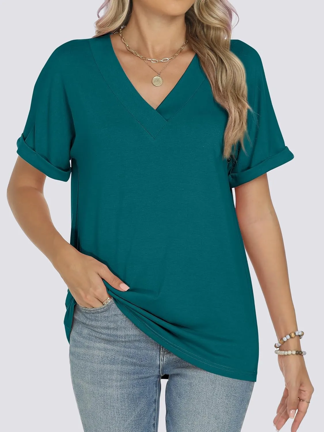 ANRABESS Womens T Shirts Short Sleeve V Neck Shirts Summer Loose Fit Dressy Tops Business Casual Blouses 2025 Basic Tees
