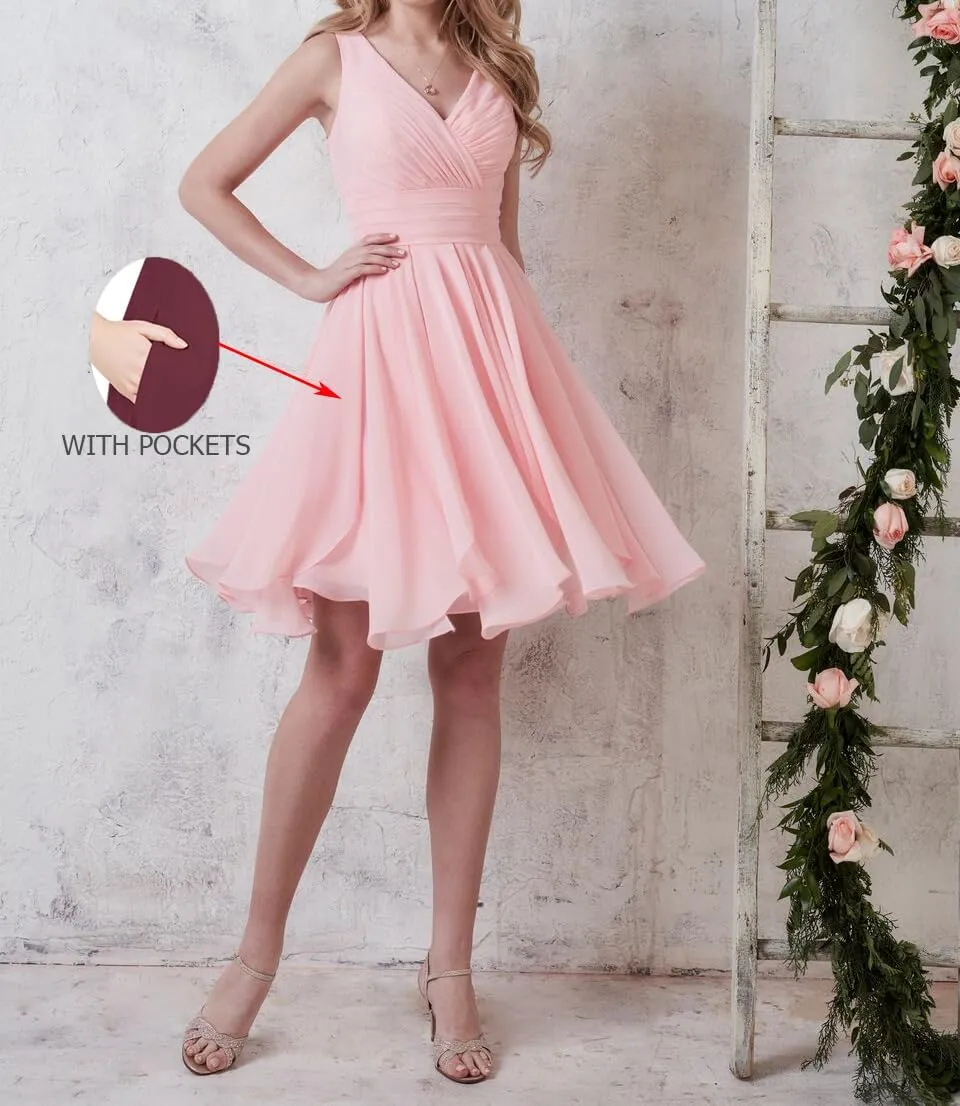 AUMEELAM Women's V-Neck Short Bridesmaid Dress Chiffon Pleated A Line Formal Evening Dress