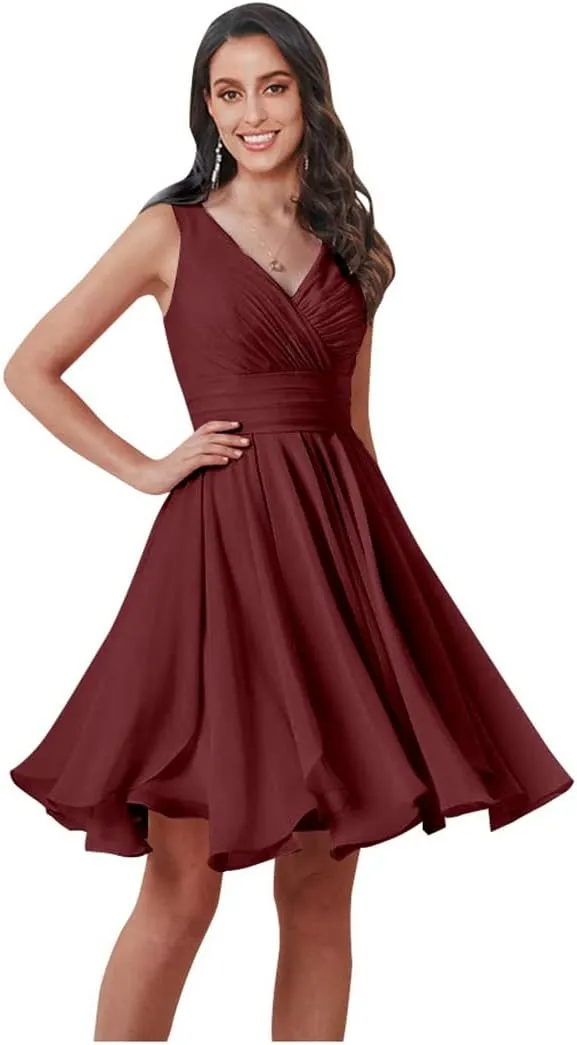 AUMEELAM Women's V-Neck Short Bridesmaid Dress Chiffon Pleated A Line Formal Evening Dress