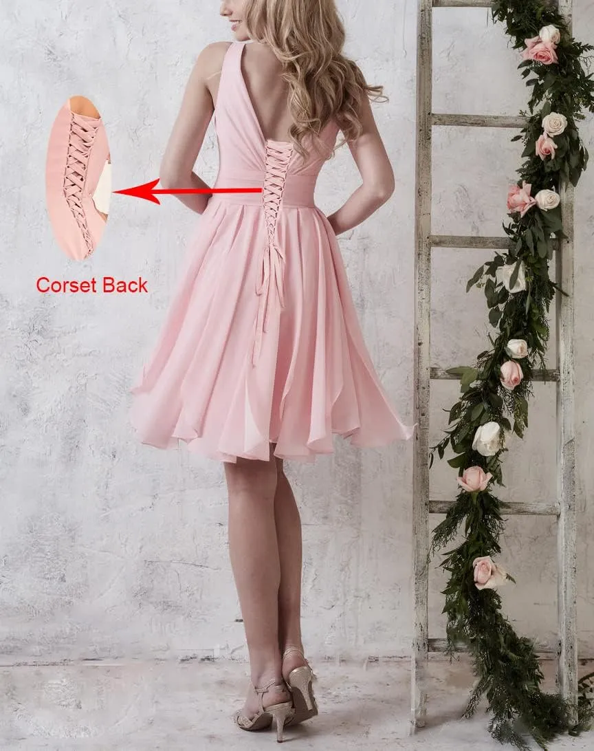 AUMEELAM Women's V-Neck Short Bridesmaid Dress Chiffon Pleated A Line Formal Evening Dress