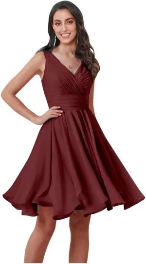 AUMEELAM Women's V-Neck Short Bridesmaid Dress Chiffon Pleated A Line Formal Evening Dress