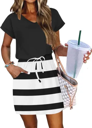 AUSELILY Women's Summer Dress 2025 Short Sleeve Tshirt Drawstring Waist Beach Cover up Casual Mini Short Dresses