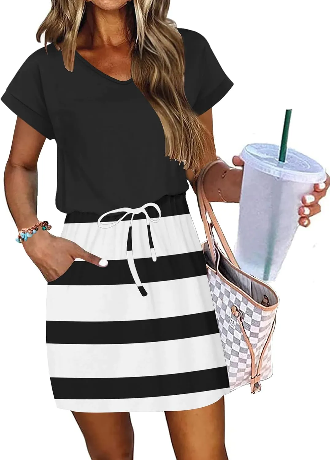 AUSELILY Women's Summer Dress 2025 Short Sleeve Tshirt Drawstring Waist Beach Cover up Casual Mini Short Dresses