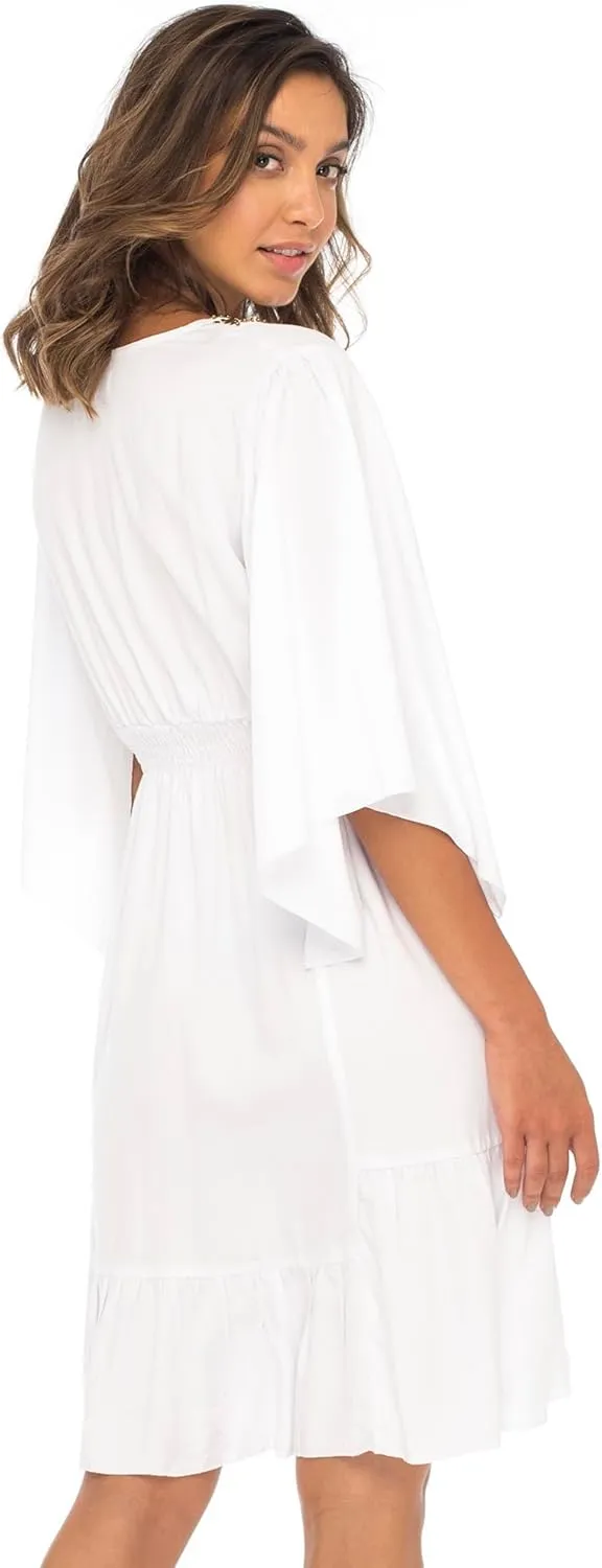Back From Bali Womens Short Sundress Flowy Boho Beach Dress with Beaded Deep V Neck, Casual Sexy Summer Party Dress