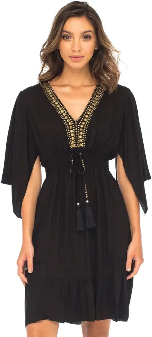Back From Bali Womens Short Sundress Flowy Boho Beach Dress with Beaded Deep V Neck, Casual Sexy Summer Party Dress