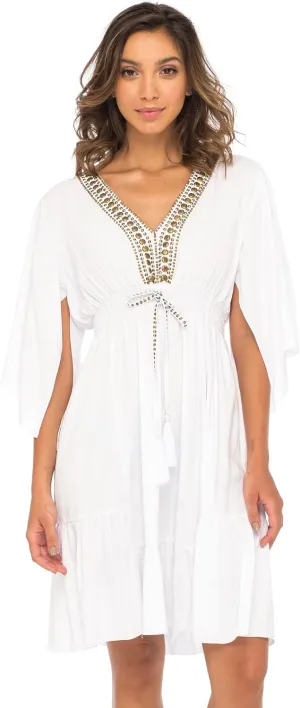 Back From Bali Womens Short Sundress Flowy Boho Beach Dress with Beaded Deep V Neck, Casual Sexy Summer Party Dress