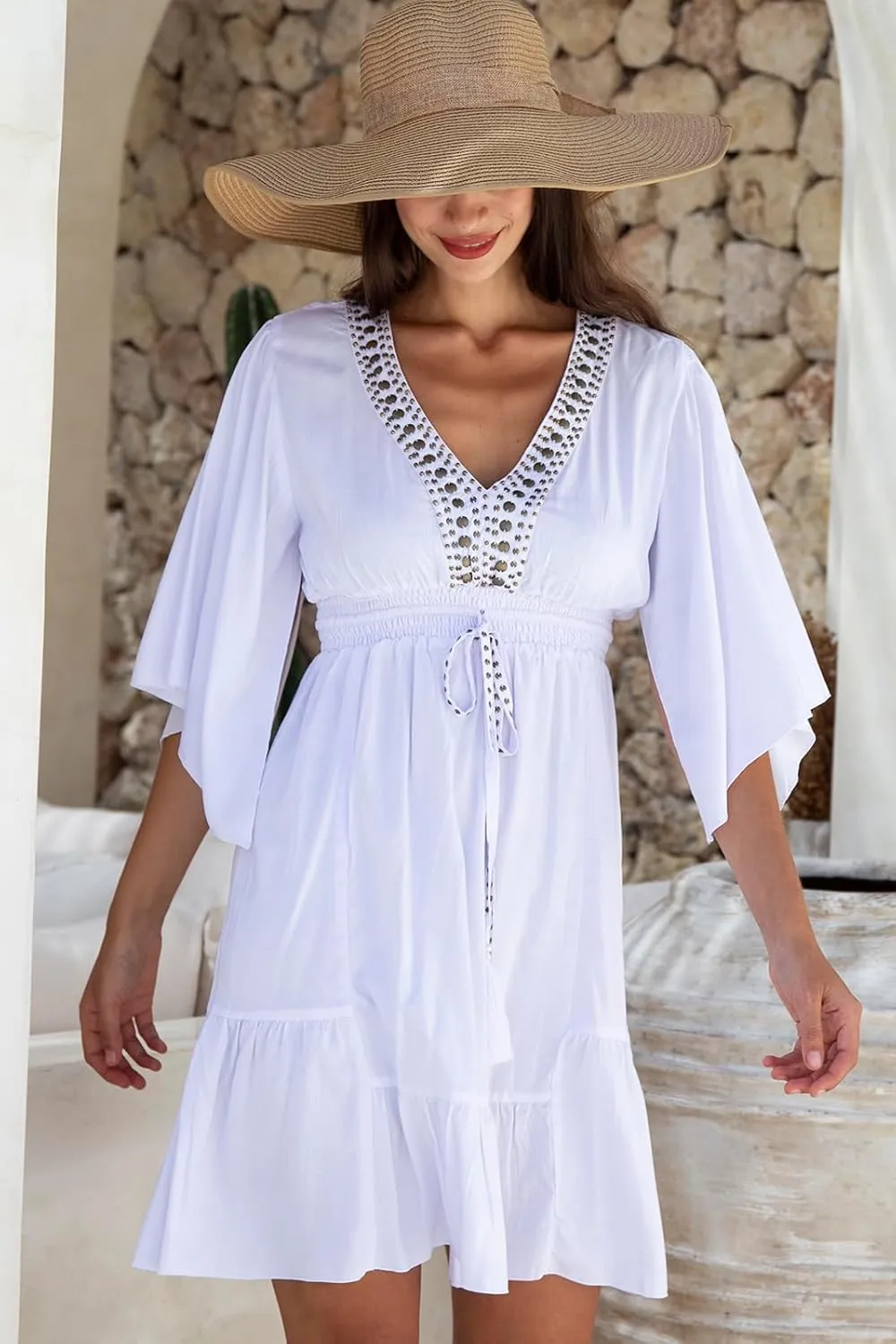 Back From Bali Womens Short Sundress Flowy Boho Beach Dress with Beaded Deep V Neck, Casual Sexy Summer Party Dress