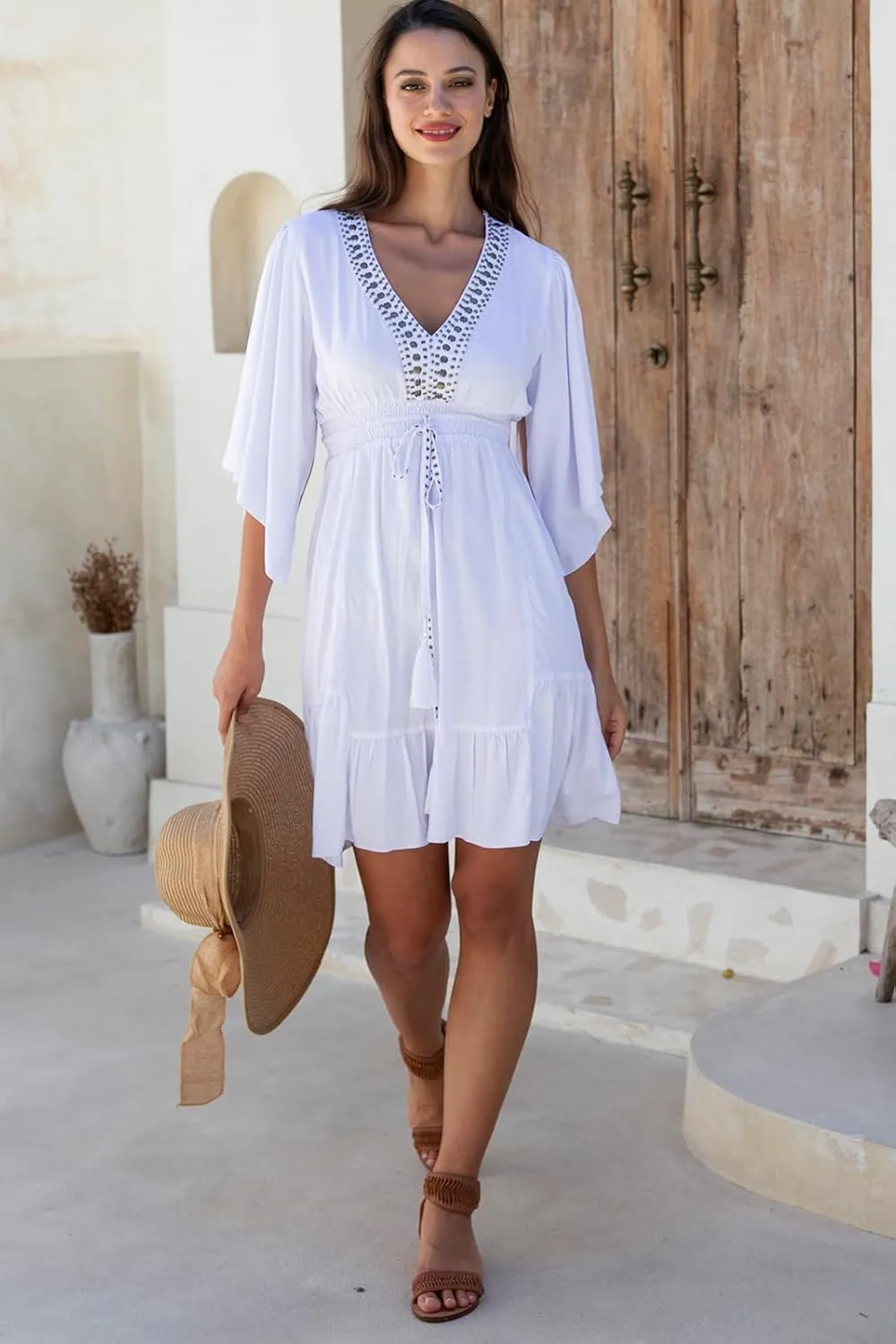 Back From Bali Womens Short Sundress Flowy Boho Beach Dress with Beaded Deep V Neck, Casual Sexy Summer Party Dress