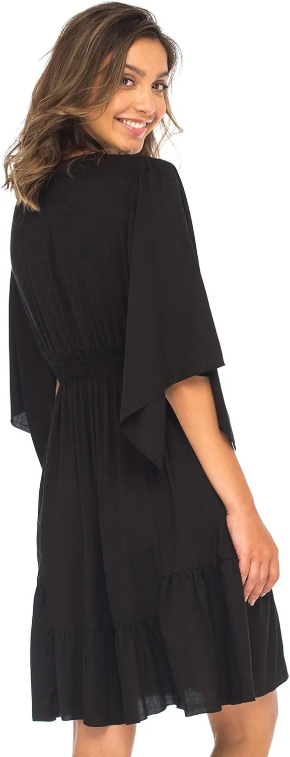 Back From Bali Womens Short Sundress Flowy Boho Beach Dress with Beaded Deep V Neck, Casual Sexy Summer Party Dress