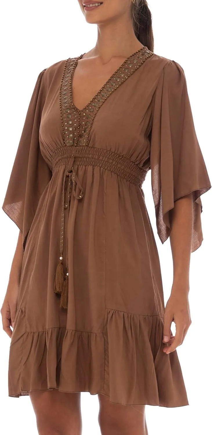 Back From Bali Womens Short Sundress Flowy Boho Beach Dress with Beaded Deep V Neck, Casual Sexy Summer Party Dress