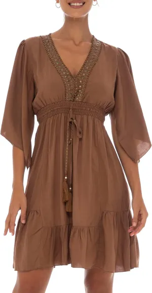 Back From Bali Womens Short Sundress Flowy Boho Beach Dress with Beaded Deep V Neck, Casual Sexy Summer Party Dress