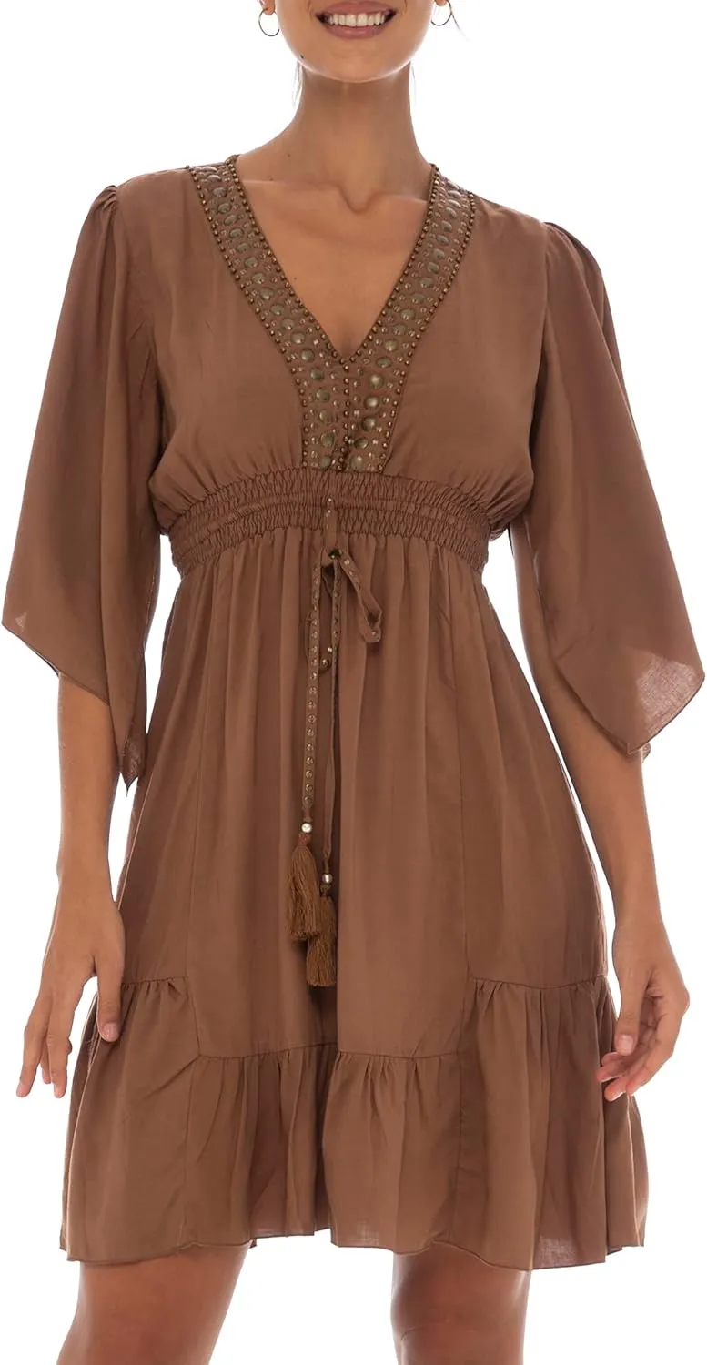 Back From Bali Womens Short Sundress Flowy Boho Beach Dress with Beaded Deep V Neck, Casual Sexy Summer Party Dress