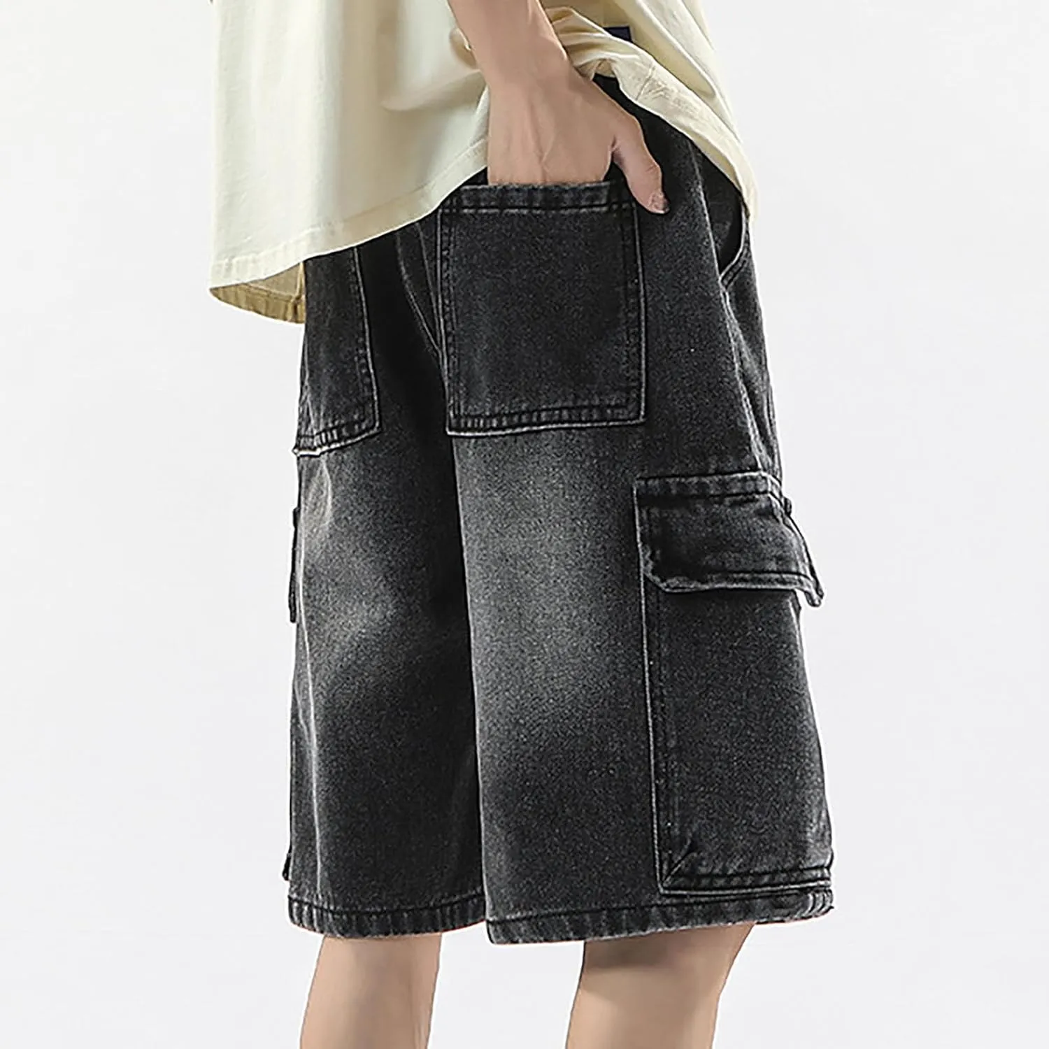 Baggy Jean Shorts for Men Summer Casual Loose Fit Y2K Hip Hop Mid Denim Shorts Streetwear with Pockets