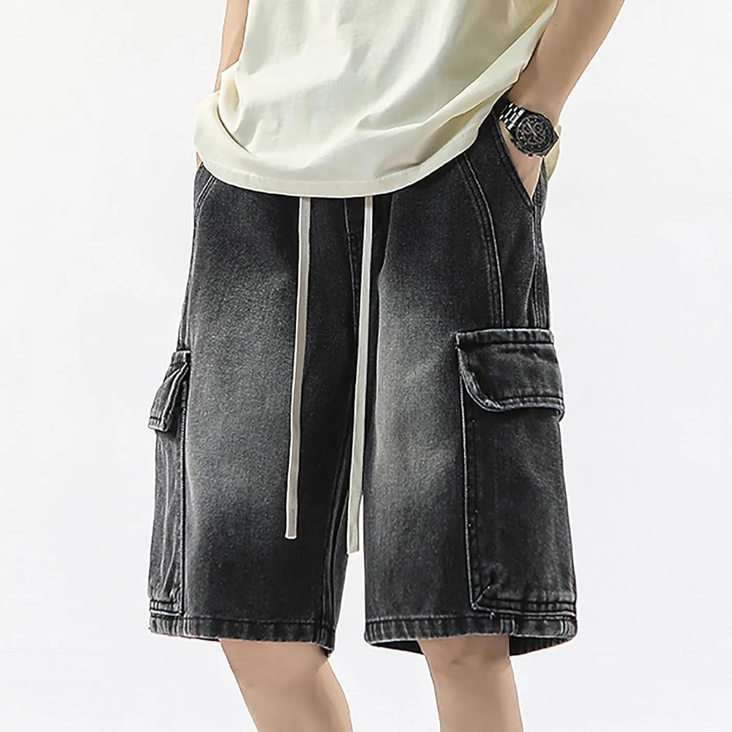 Baggy Jean Shorts for Men Summer Casual Loose Fit Y2K Hip Hop Mid Denim Shorts Streetwear with Pockets