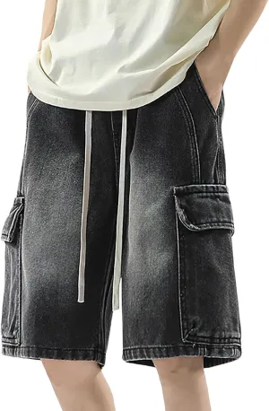 Baggy Jean Shorts for Men Summer Casual Loose Fit Y2K Hip Hop Mid Denim Shorts Streetwear with Pockets