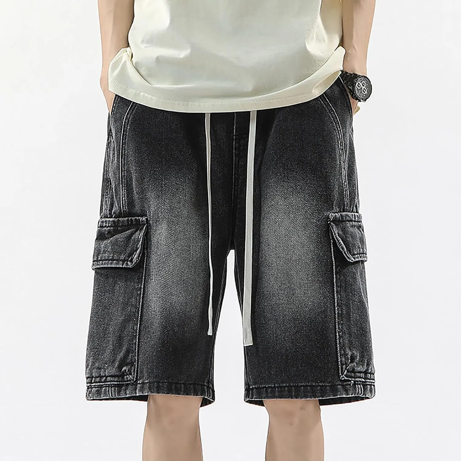 Baggy Jean Shorts for Men Summer Casual Loose Fit Y2K Hip Hop Mid Denim Shorts Streetwear with Pockets