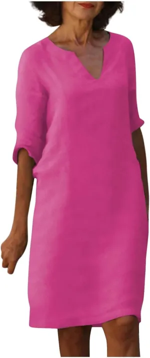 BAXLIMEK Cotton Linen Dresses for Women,2025 Spring Summer Casual V Neck 3/4 Sleeve Midi Dress,Elegant Plain Beach Dress