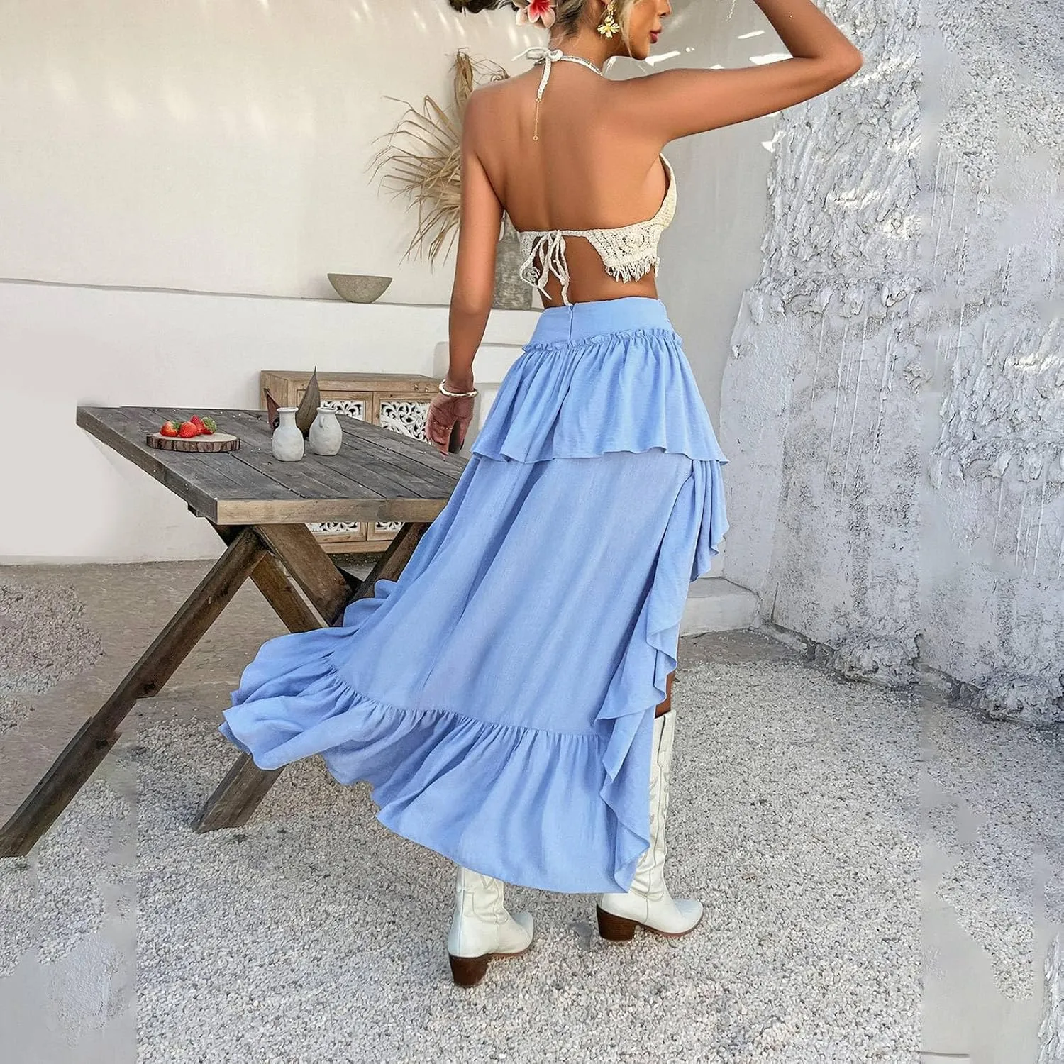 Beach Skirt Womens High Elastic Waist Pleated Double Ruffles Casual Patchwork Midi Skirts for Summer Vacation