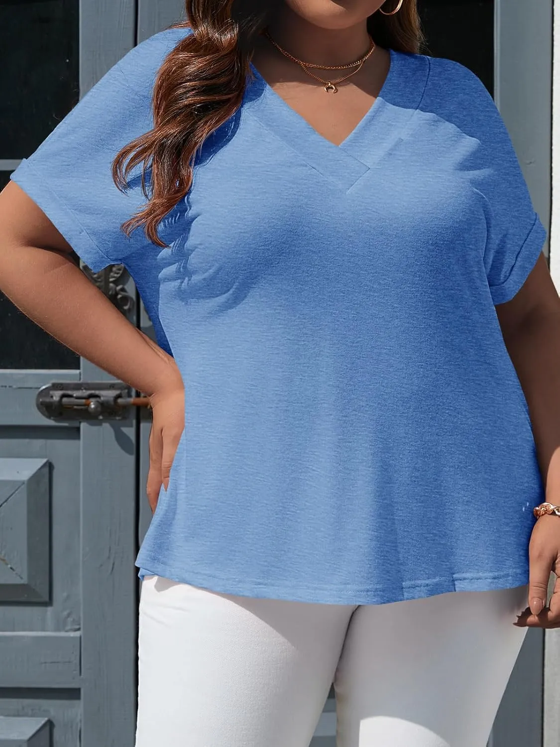 Beautife Womens Plus Size V Neck T Shirts Short Sleeve Summer Dressy Casual Tunic Tops Loose Fit Tees Blouse