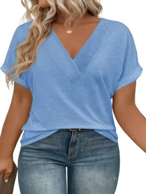 Beautife Womens Plus Size V Neck T Shirts Short Sleeve Summer Dressy Casual Tunic Tops Loose Fit Tees Blouse
