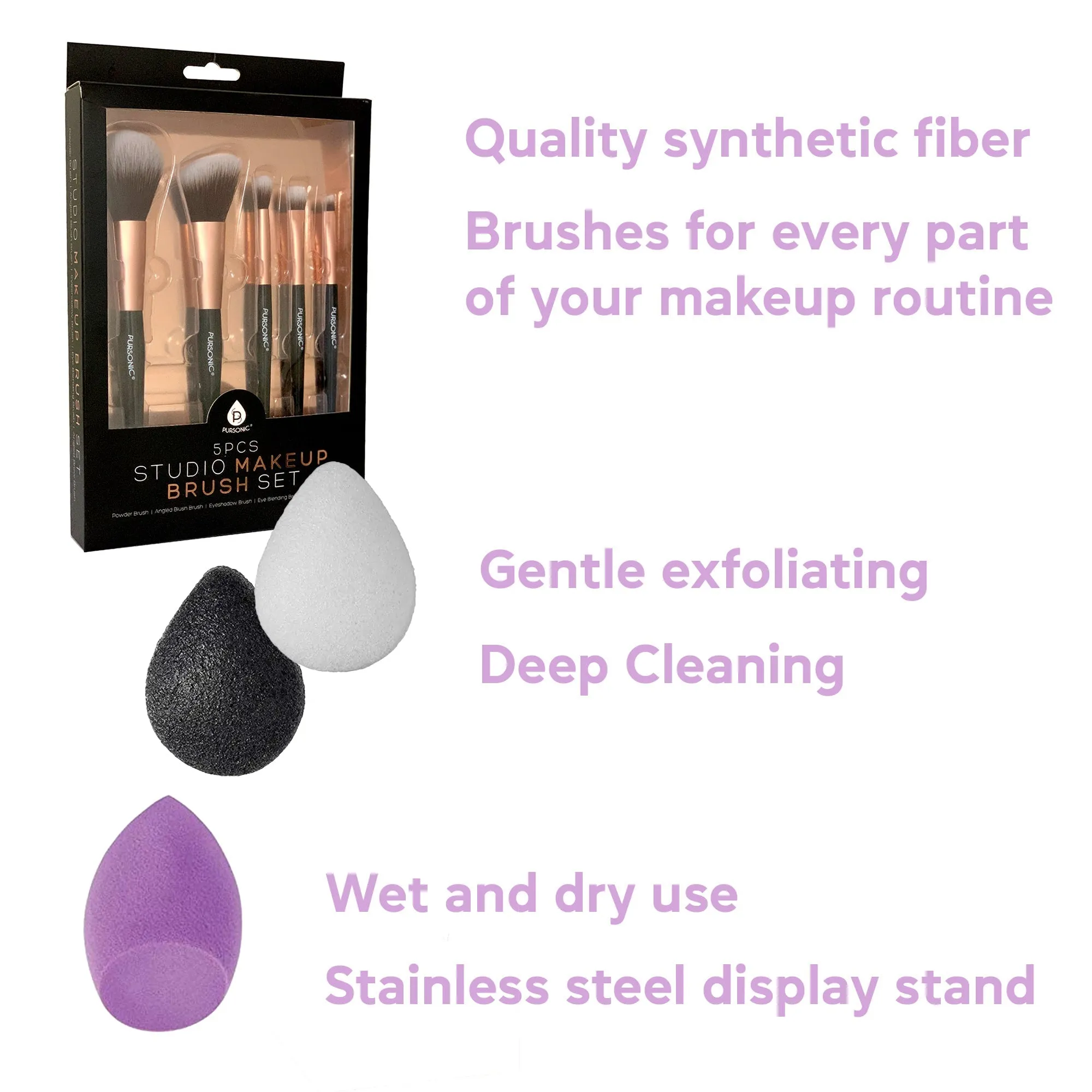Beauty Essentials Bundle: Facial Makeup Blender Sponge   Natural Facial Konjac Sponge Duo Set(3 pack)   5 Pcs Studio Makeup Brush Set (Black) by Pursonic