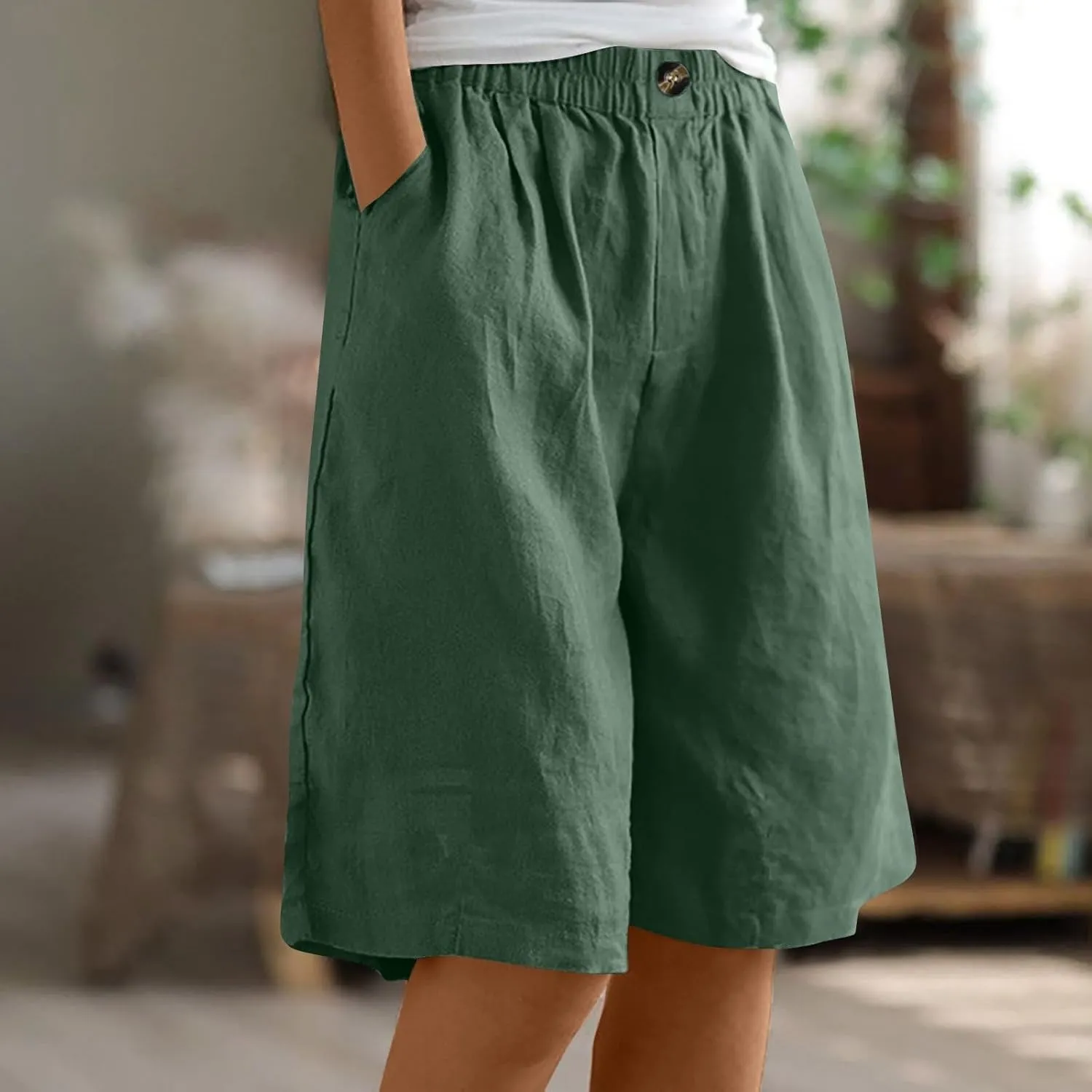 Bermuda Shorts for Women Knee Length Summer Beach Linen Shorts Lightweight Wide Leg High Waisted Long Short w/Pockets