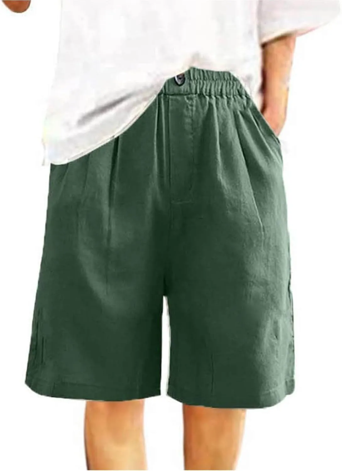 Bermuda Shorts for Women Knee Length Summer Beach Linen Shorts Lightweight Wide Leg High Waisted Long Short w/Pockets