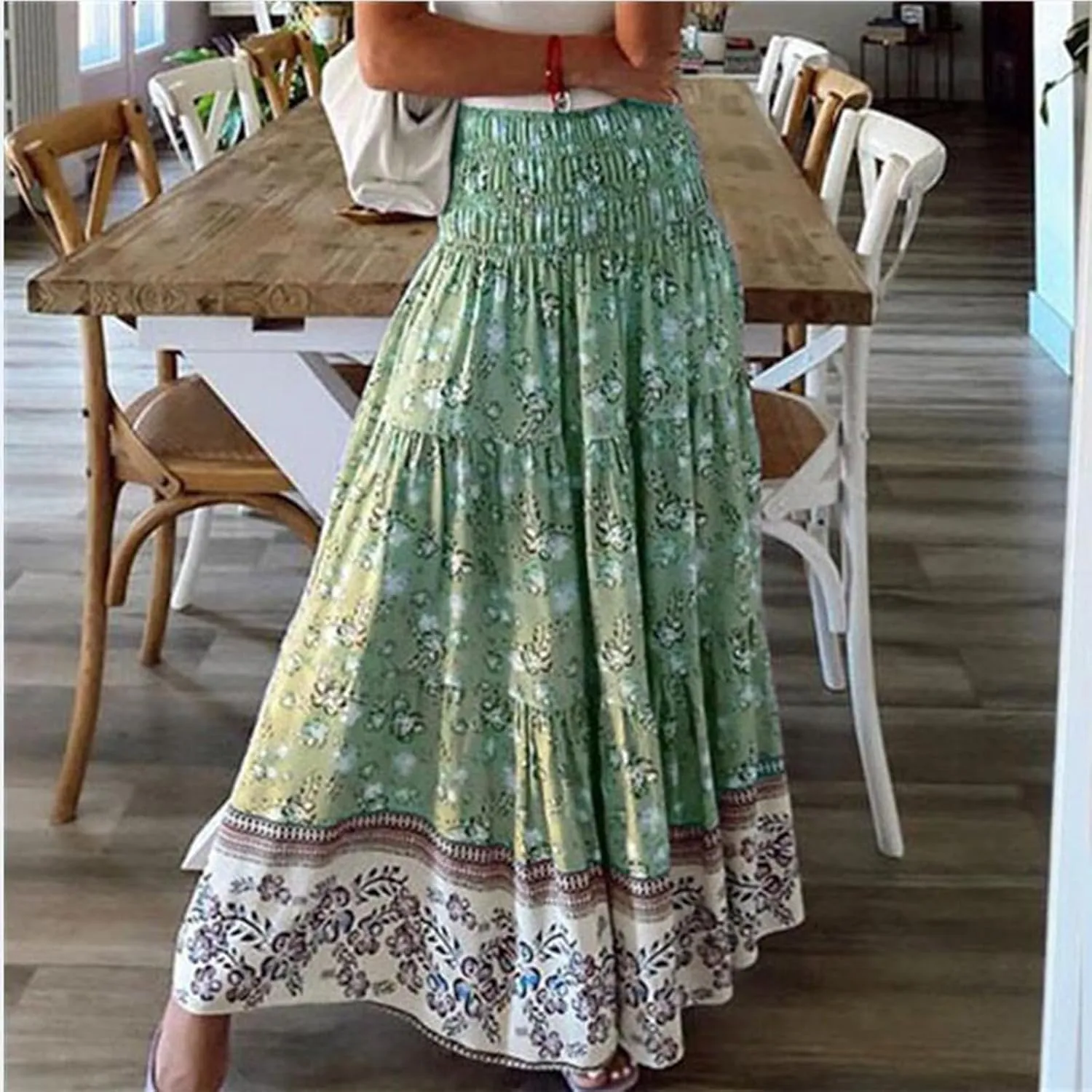 Boho Maxi Skirts for Women 2025 Floral Pleated High Waisted Long Flowy Skirt Elastic A Line Beach Vacation Summer Skirts