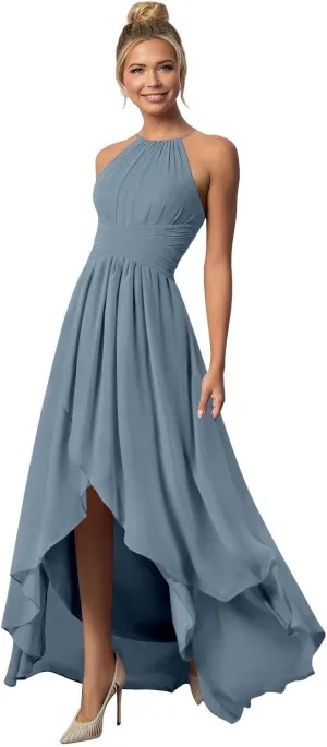 BONOYUER Chiffon Halter Bridesmaid Dresses for Wedding with Pockets A Line High Low Formal Evening Dress