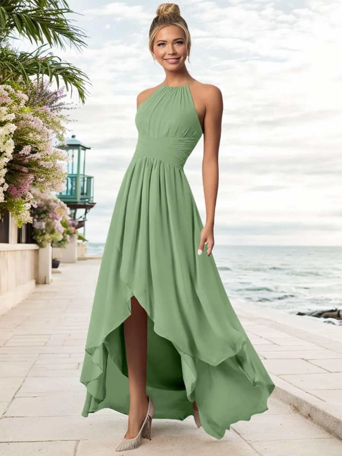 BONOYUER Chiffon Halter Bridesmaid Dresses for Wedding with Pockets A Line High Low Formal Evening Dress