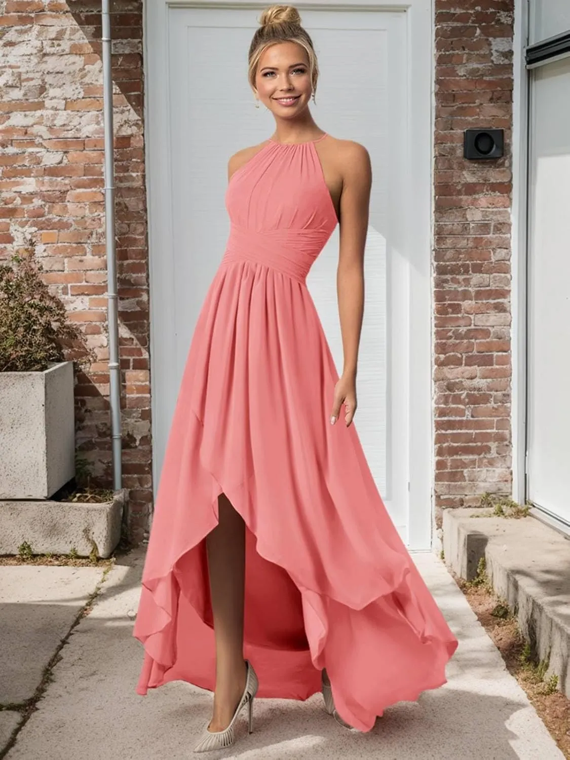 BONOYUER Chiffon Halter Bridesmaid Dresses for Wedding with Pockets A Line High Low Formal Evening Dress