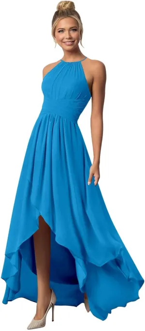BONOYUER Chiffon Halter Bridesmaid Dresses for Wedding with Pockets A Line High Low Formal Evening Dress