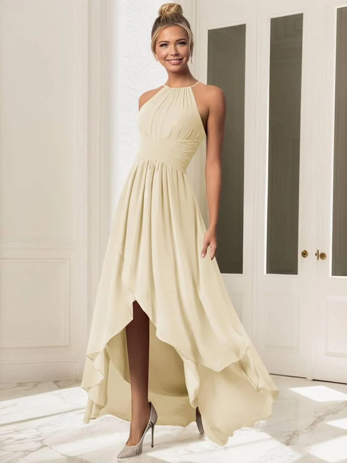 BONOYUER Chiffon Halter Bridesmaid Dresses for Wedding with Pockets A Line High Low Formal Evening Dress