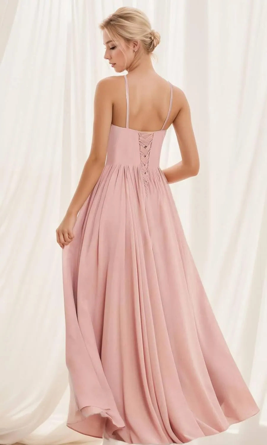 BONOYUER Chiffon Halter Bridesmaid Dresses for Wedding with Pockets A Line High Low Formal Evening Dress