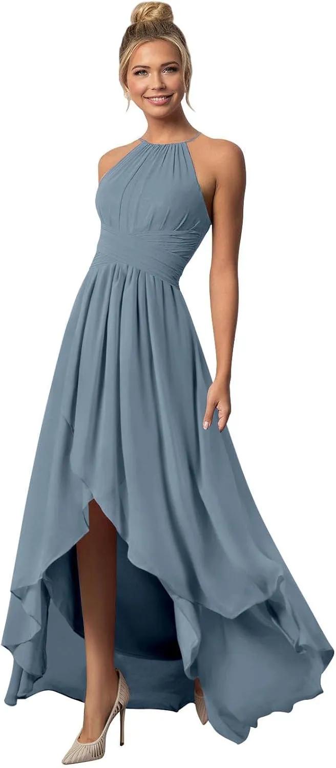 BONOYUER Chiffon Halter Bridesmaid Dresses for Wedding with Pockets A Line High Low Formal Evening Dress
