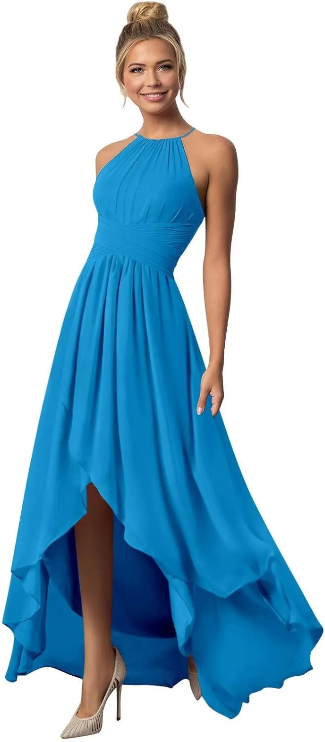 BONOYUER Chiffon Halter Bridesmaid Dresses for Wedding with Pockets A Line High Low Formal Evening Dress